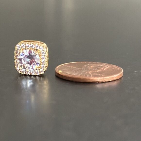 Fireframe Square Halo Earrings – .4” Gold Plate Brilliant Cut Crystal Studs - Picture 4 of 9